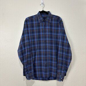 Bugatchi Uomo Shirt Size L Blue Plaid Button Down Casual Long Sleeve 100% Cotton